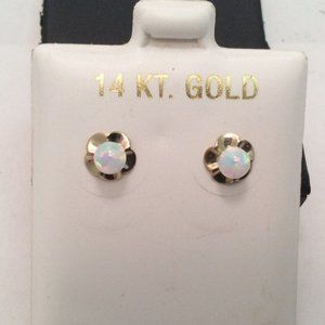 14K Yellow Real Solid Gold  Flower Opal Screw Back Stud children/women Earrings